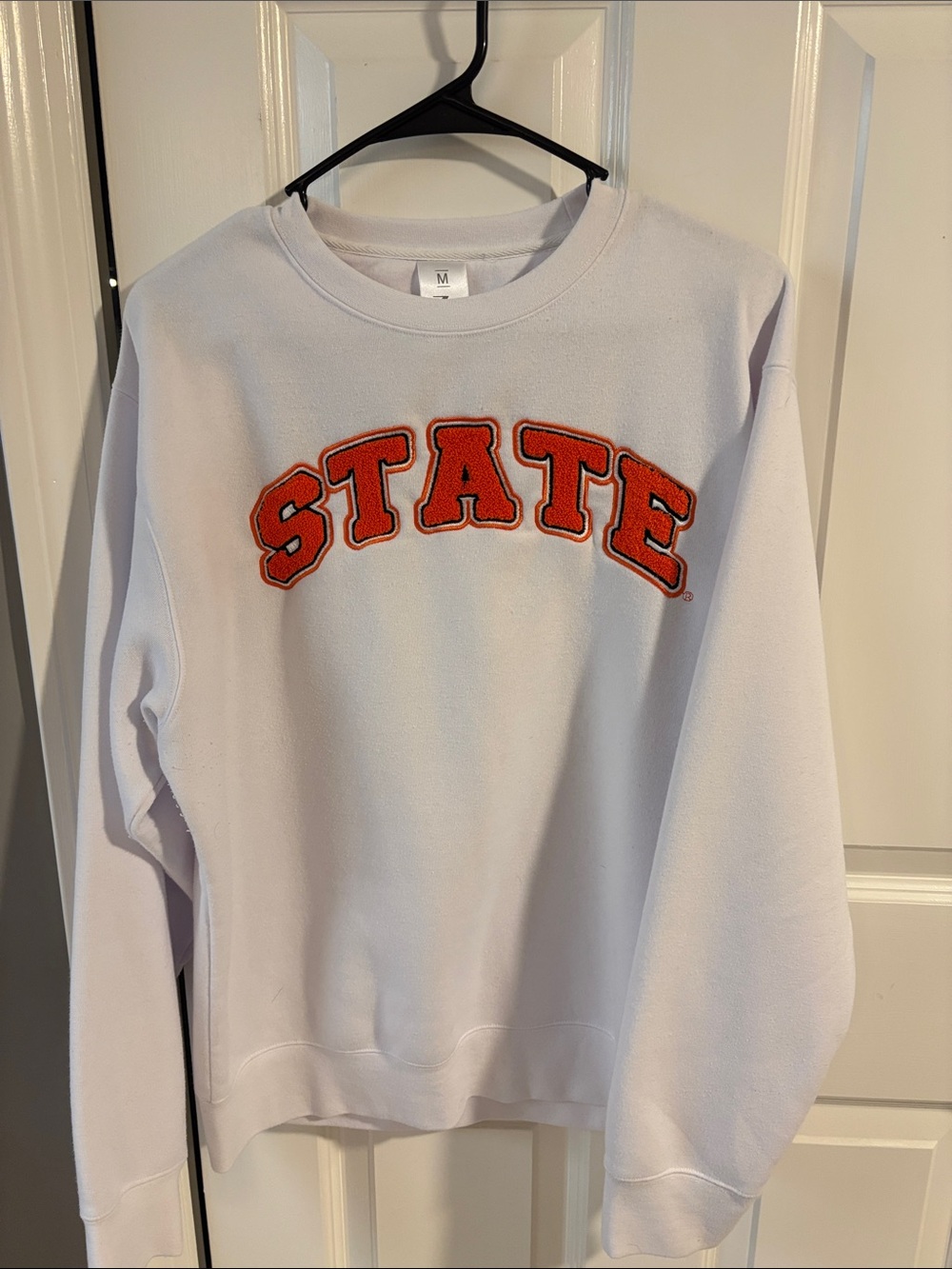 White Crewneck Sweater with Orange 'STATE' Applique